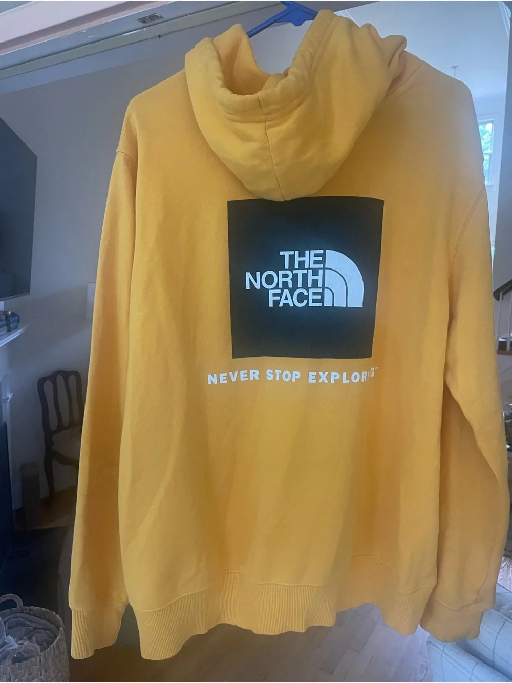 The North Face Yellow Hoodie Box Logo Never Stop Exploring Sweatshirt Mens Large